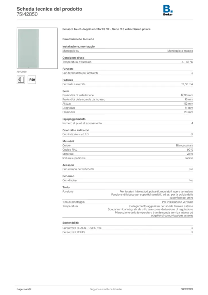 Immagine Berker Scheda tecnica del prodotto 75142850 | Hager Italia