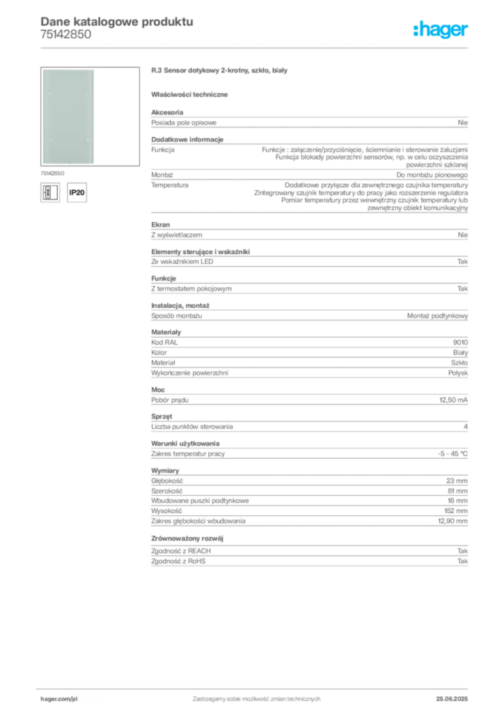 Zdjęcie Hager Karta katalogowa 75142850 | Hager Polska
