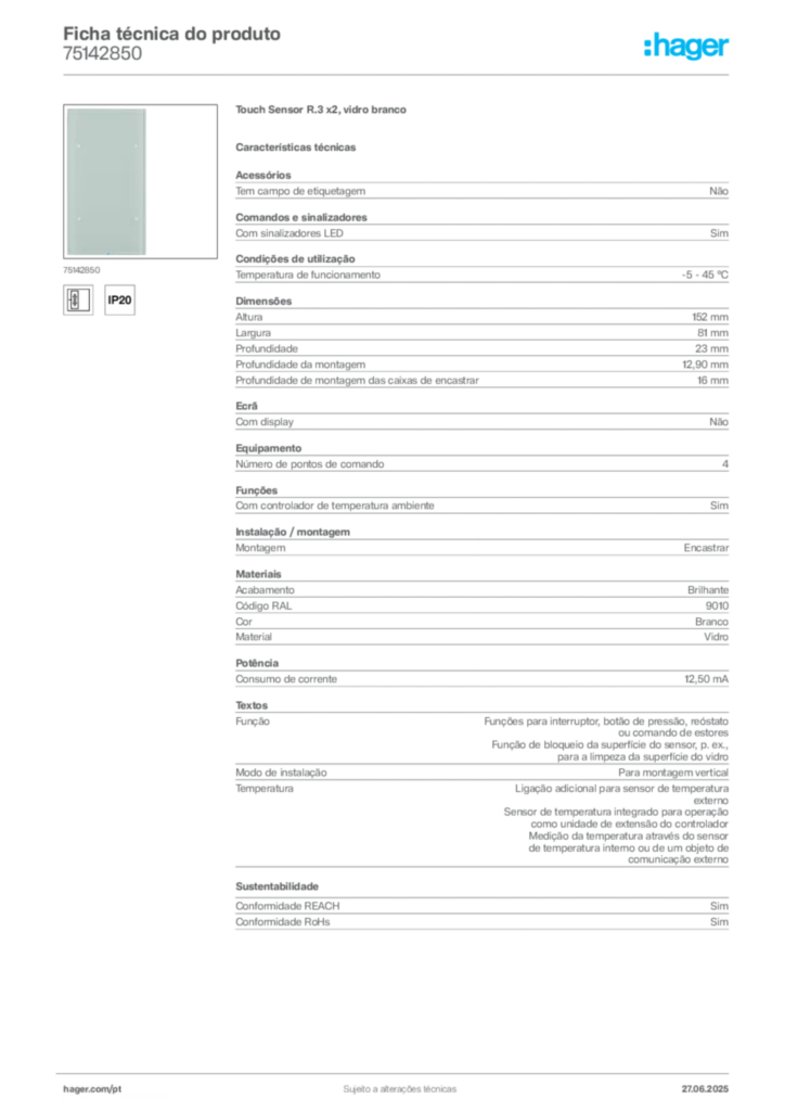 Imagem Hager Ficha técnica do produto 75142850 | Hager Portugal