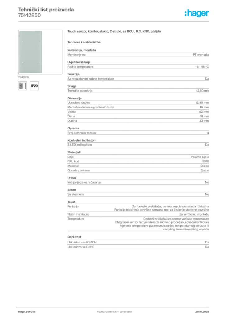 Slika Hager Product data sheet 75142850  | Hager