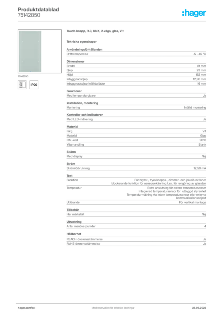 Bild Hager Produktdatablad 75142850 | Hager Sverige