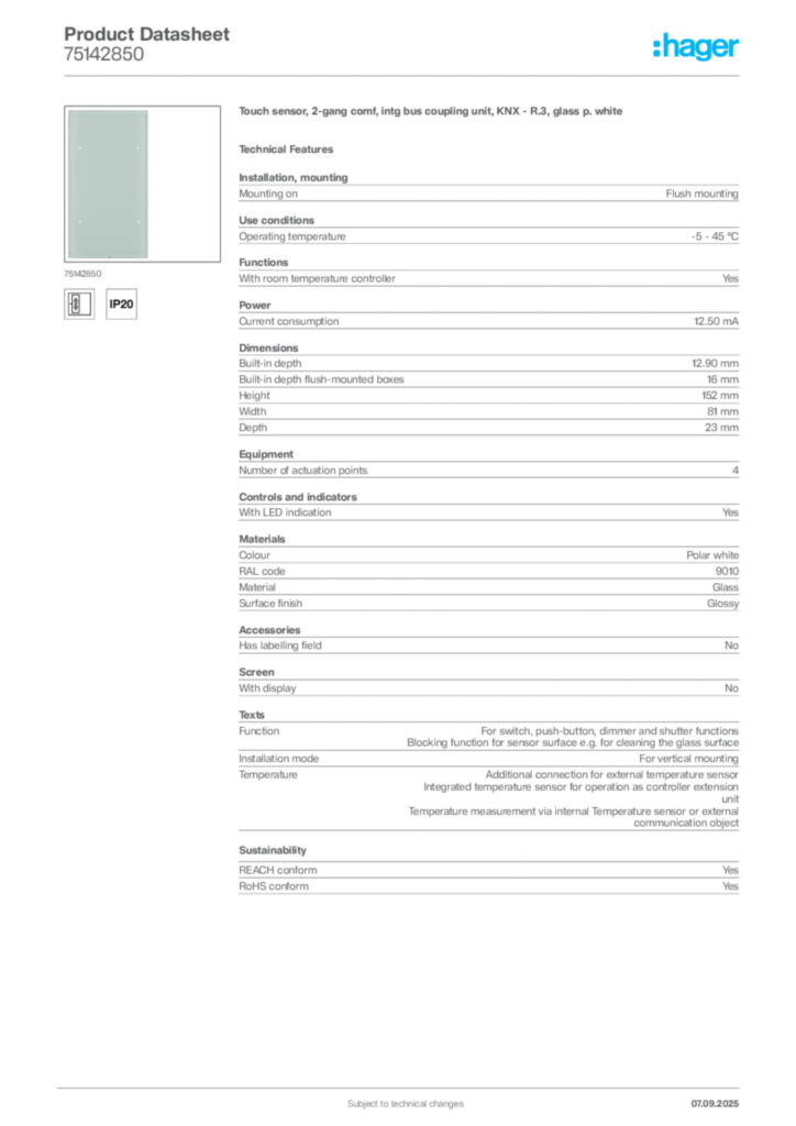 Image Hager Product data sheet 75142850  | Hager