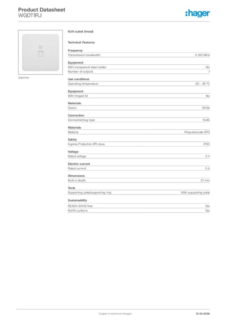 Image Hager Product data sheet WGDT1RJ  | Hager Africa