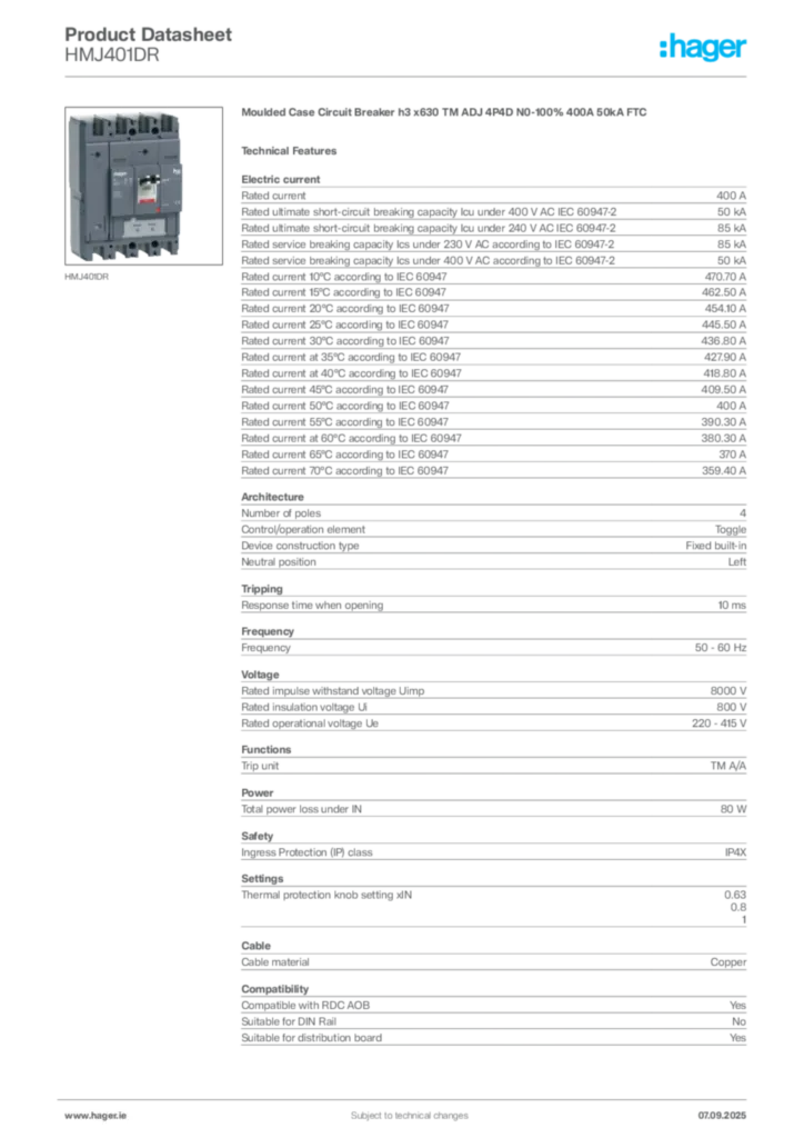 Image Hager Product data sheet HMJ401DR  | Hager