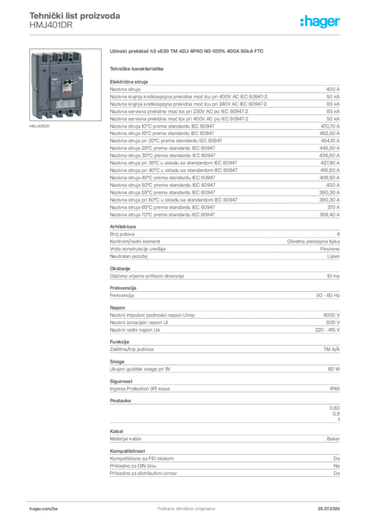 Slika Hager Product data sheet HMJ401DR  | Hager