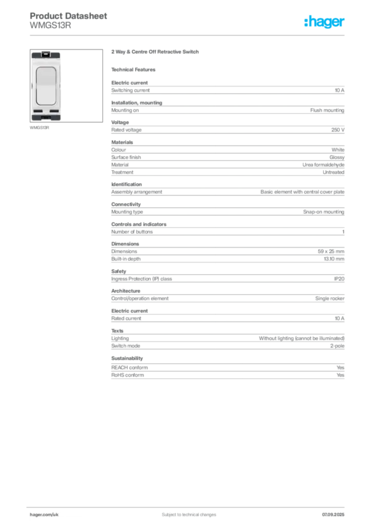 Image Hager Product data sheet WMGS13R  | Hager