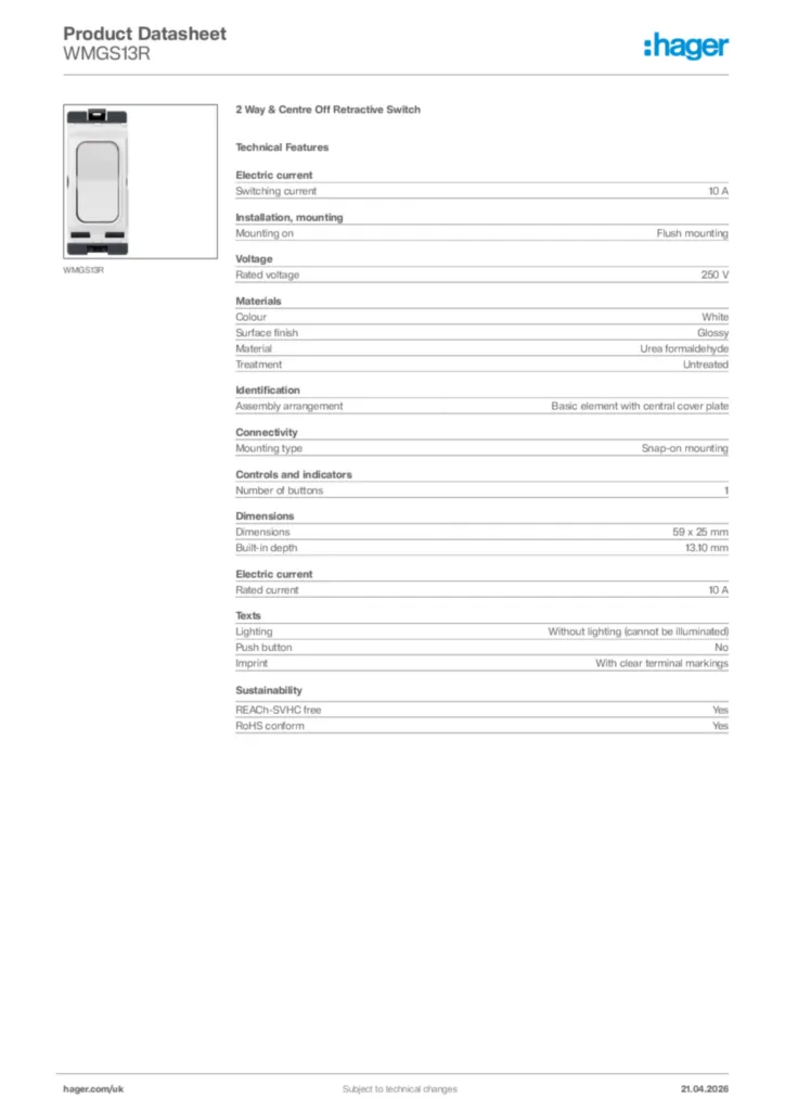 Image Hager Product data sheet WMGS13R  | Hager