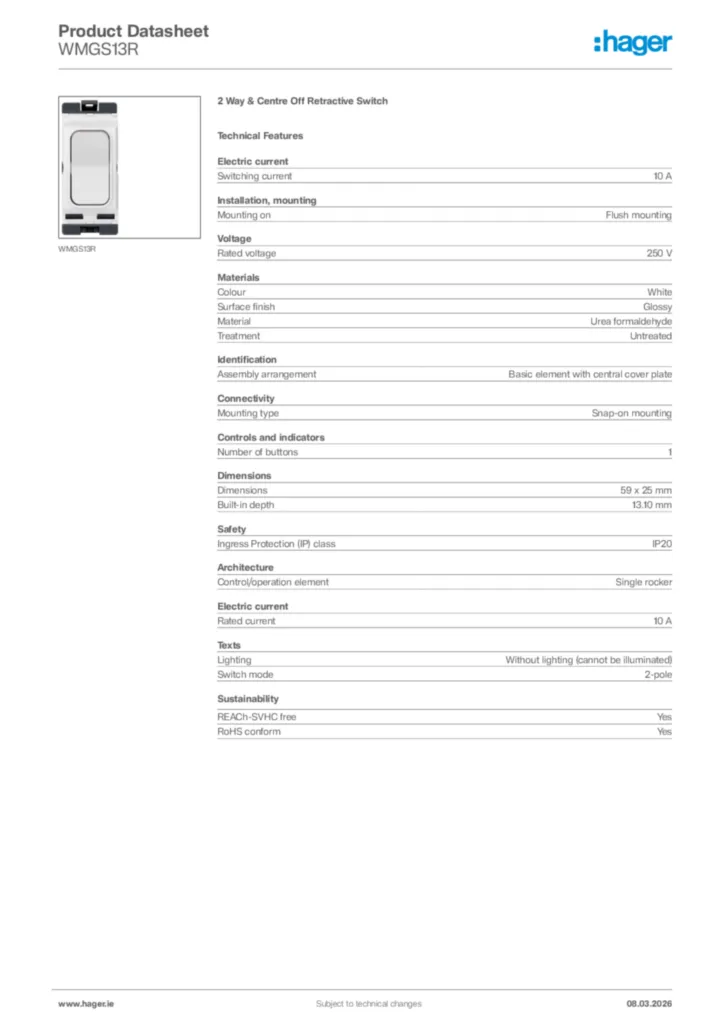 Image Hager Product data sheet WMGS13R  | Hager