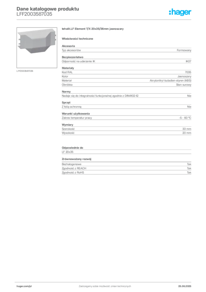 Zdjęcie Hager Karta katalogowa LFF2003587035 | Hager Polska