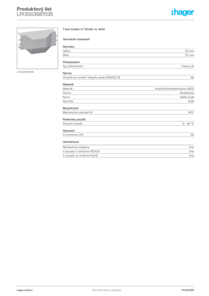 Obrázek Hager Produktový list LFF2003587035 | Hager