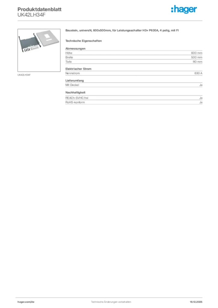 Bild Hager Produktdatenblatt UK42LH34F | Hager Deutschland