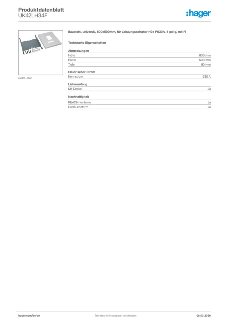 Bild Hager Produktdatenblatt UK42LH34F | Hager Schweiz