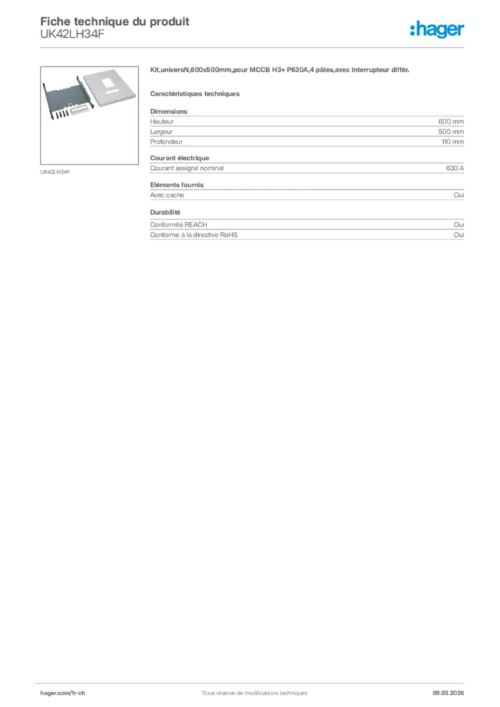 Image Hager Fiche technique du produit UK42LH34F | Hager Suisse