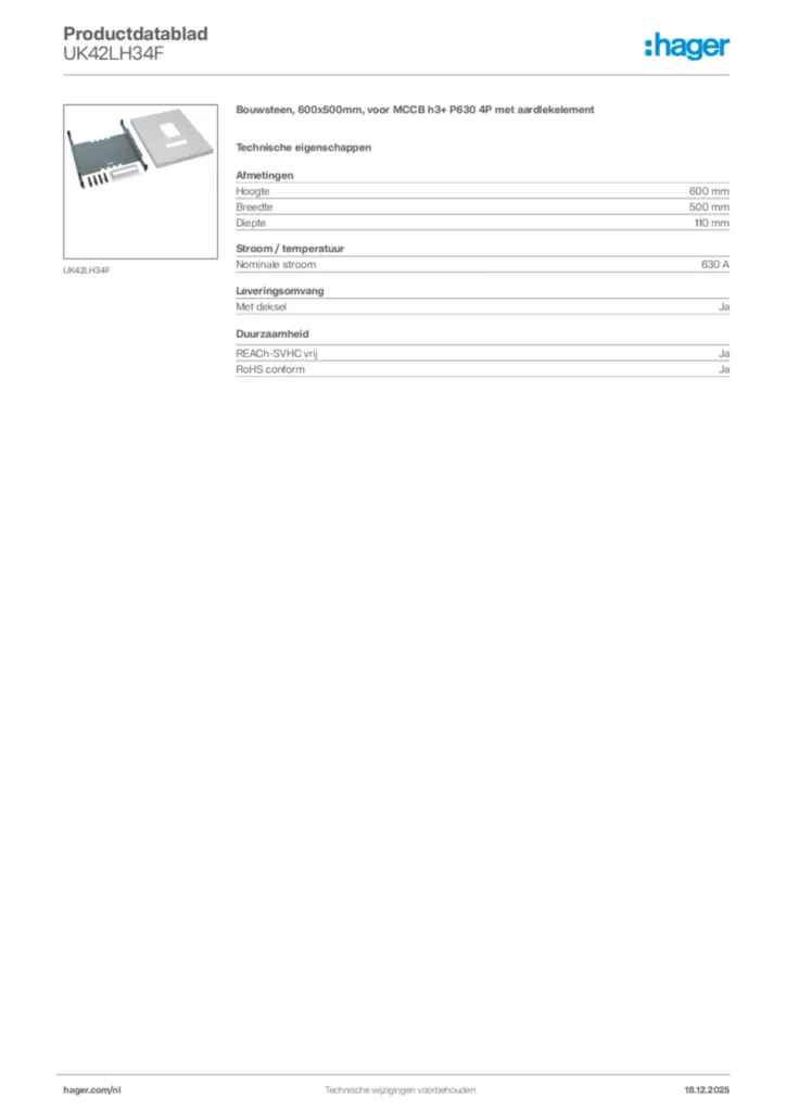 Afbeelding Hager Productdatablad UK42LH34F | Hager Nederland