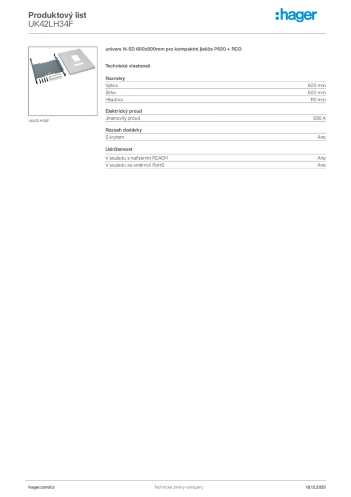 Obrázek Hager Produktový list UK42LH34F | Hager