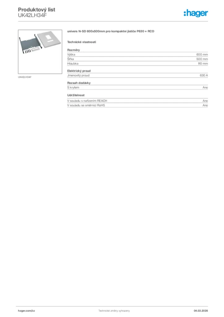 Obrázek Hager Product data sheet UK42LH34F | Hager