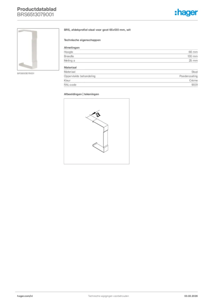 Afbeelding Hager Productdatablad BRS6513079001 | Hager Nederland