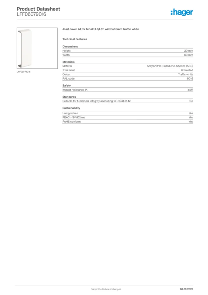 Image Hager Product data sheet LFF06079016  | Hager Africa