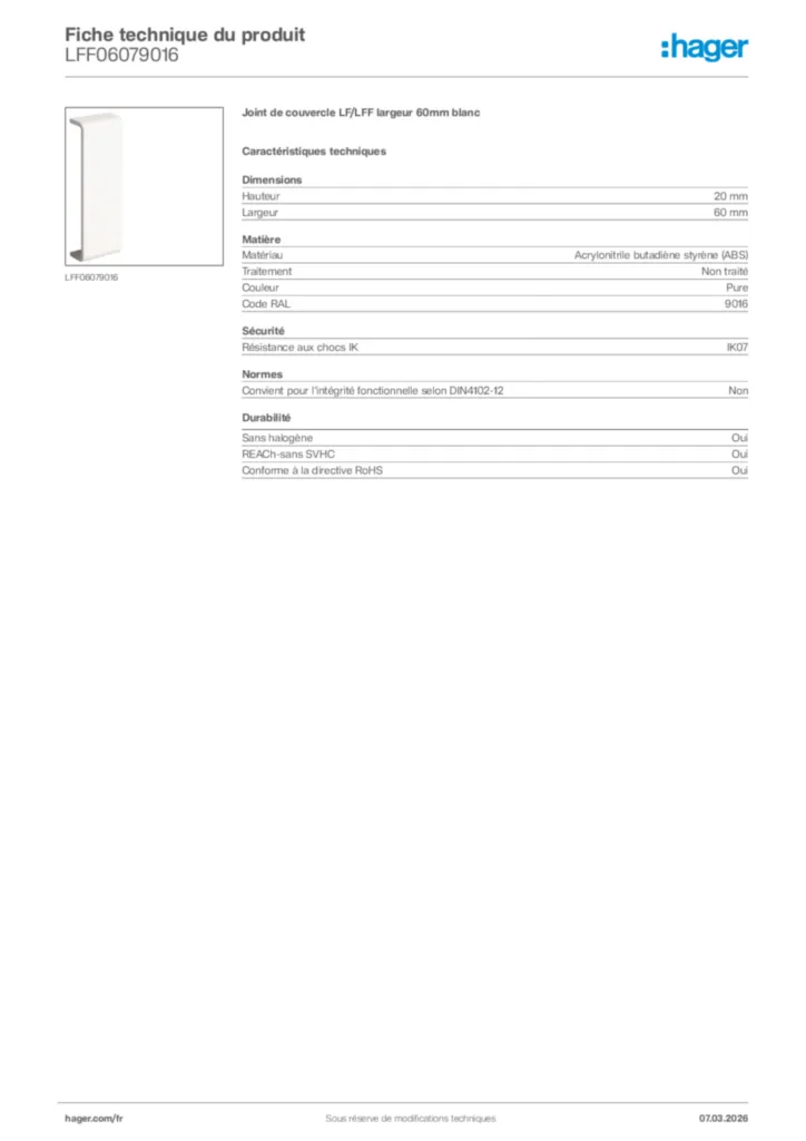 Image Hager Fiche technique du produit LFF06079016 | Hager France