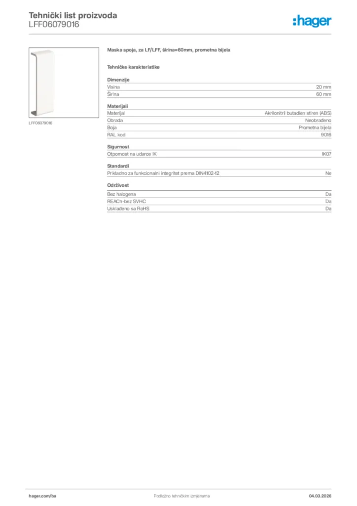 Slika Hager Tehnički list proizvoda LFF06079016  | Hager
