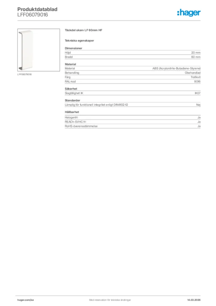 Bild Hager Produktdatablad LFF06079016 | Hager Sverige