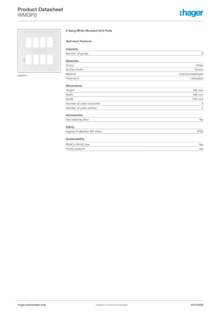 Image Hager Product data sheet WMGP8  | Hager