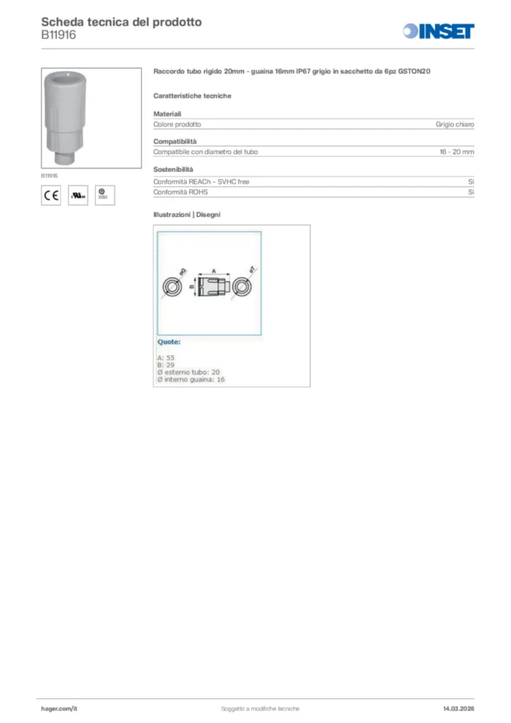 Immagine Inset Scheda tecnica del prodotto B11916 | Hager Italia