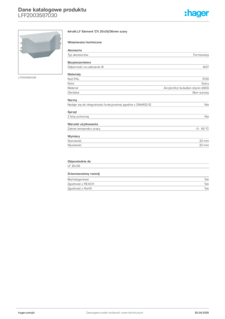 Zdjęcie Hager Karta katalogowa LFF2003587030 | Hager Polska