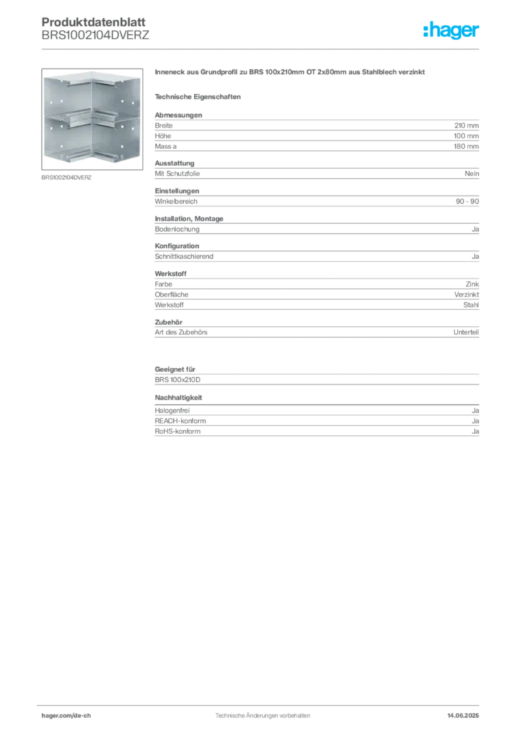 Bild Hager Produktdatenblatt BRS1002104DVERZ | Hager Schweiz