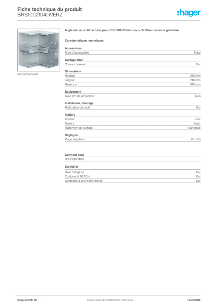 Image Hager Fiche technique du produit BRS1002104DVERZ | Hager Suisse
