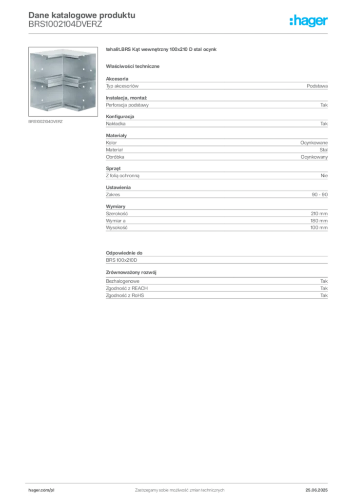 Zdjęcie Hager Karta katalogowa BRS1002104DVERZ | Hager Polska