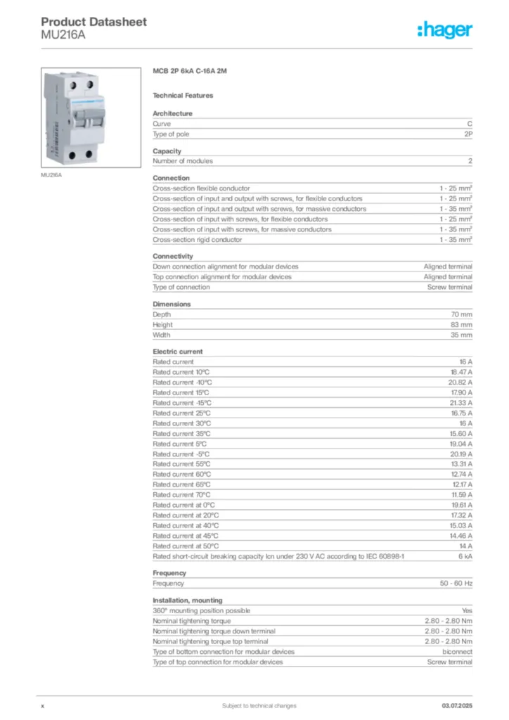 Image Hager Product data sheet MU216A  | Hager Africa