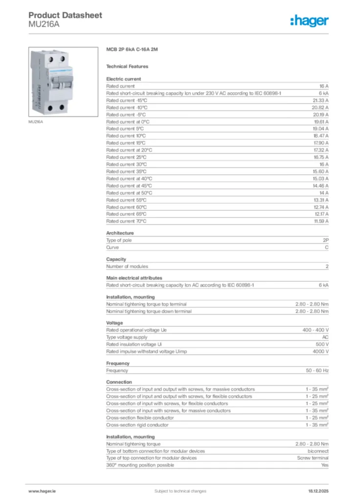 Image Hager Product data sheet MU216A  | Hager