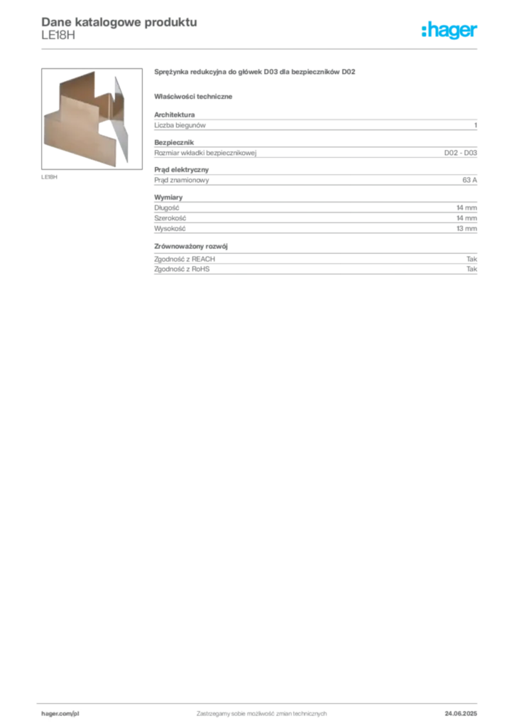 Zdjęcie Hager Karta katalogowa LE18H | Hager Polska