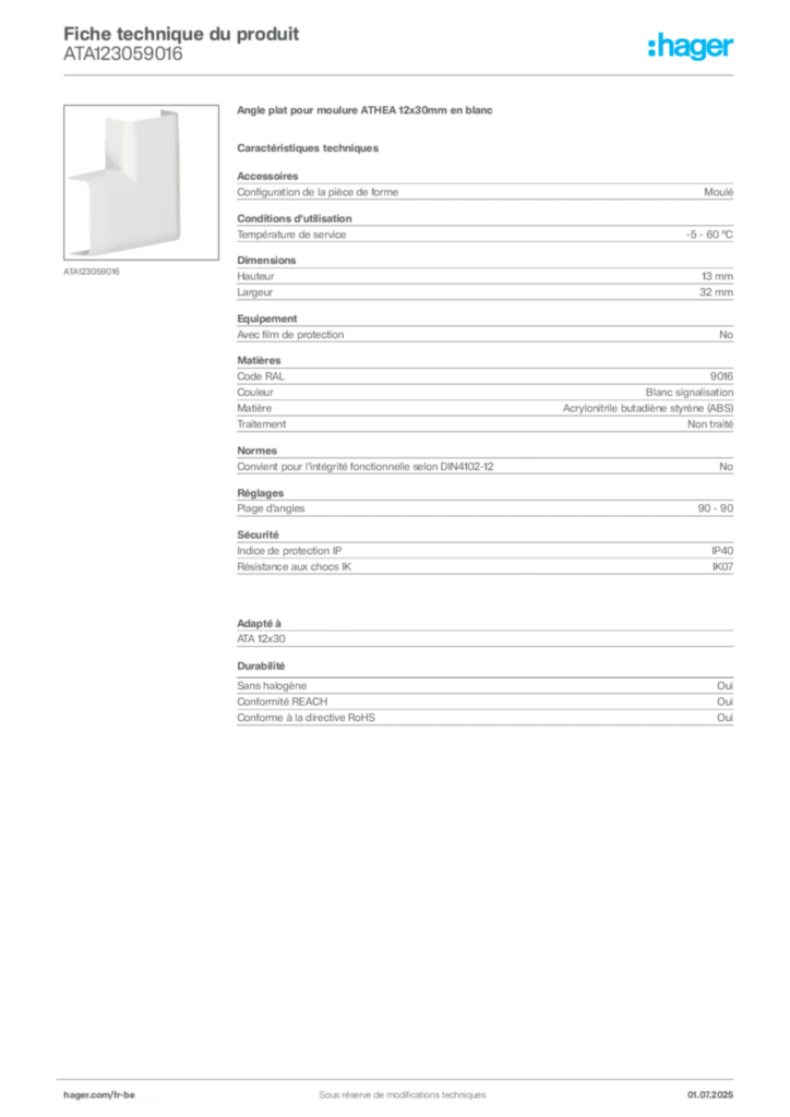 Image Hager Fiche technique du produit ATA123059016 | Hager Belgique