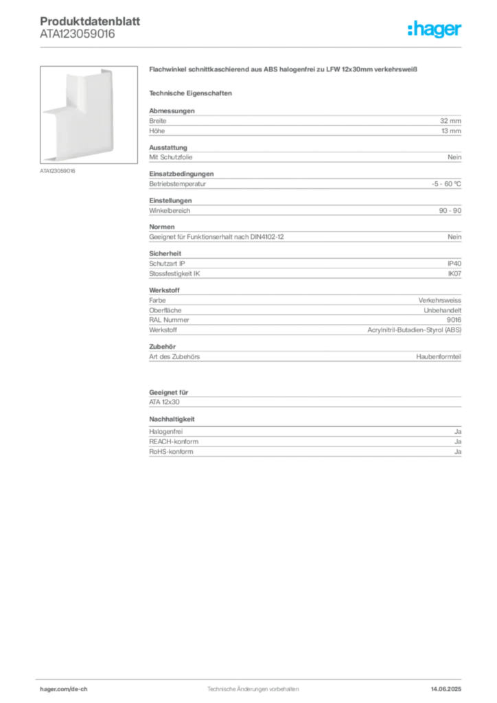 Bild Hager Produktdatenblatt ATA123059016 | Hager Schweiz