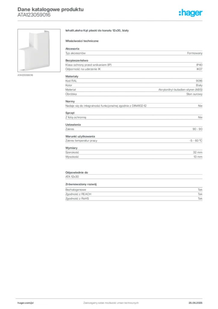 Zdjęcie Hager Karta katalogowa ATA123059016 | Hager Polska