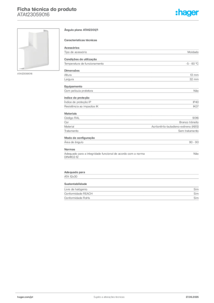 Imagem Hager Ficha técnica do produto ATA123059016 | Hager Portugal