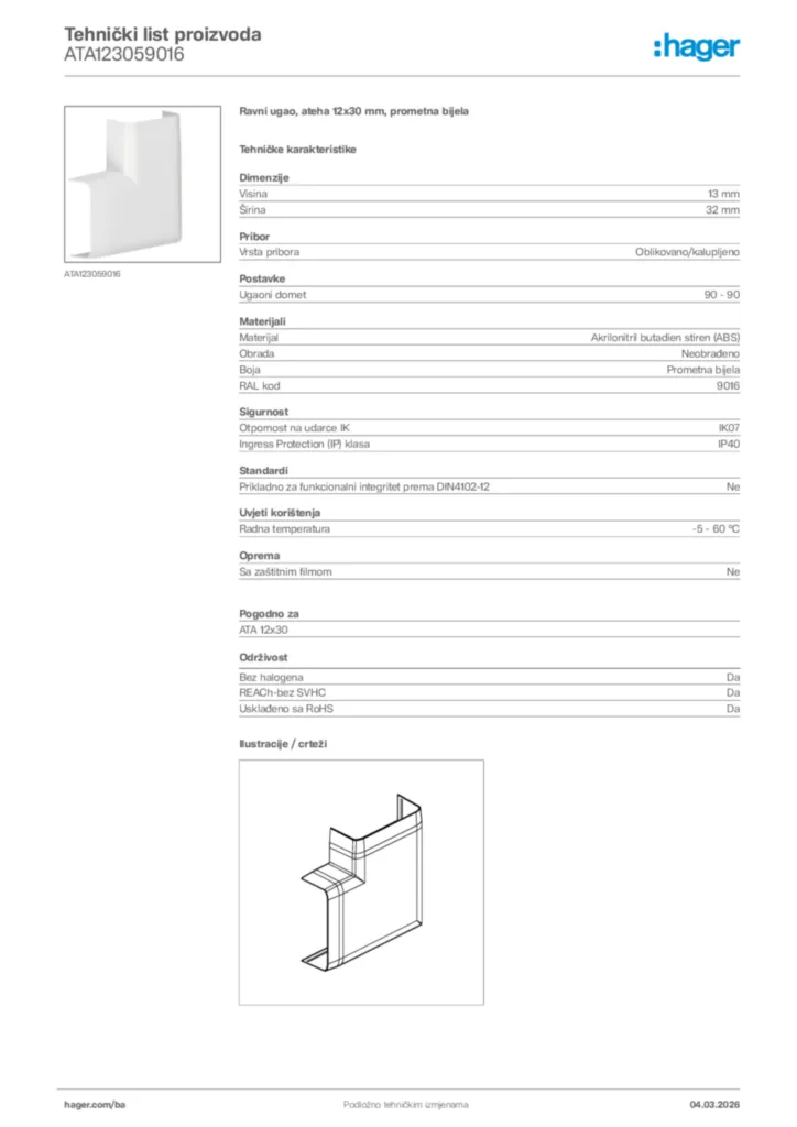 Slika Hager Tehnički list proizvoda ATA123059016  | Hager