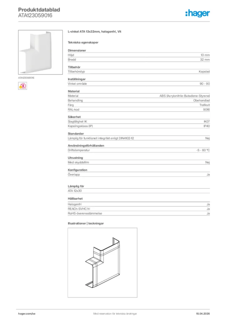 Bild Hager Produktdatablad ATA123059016 | Hager Sverige