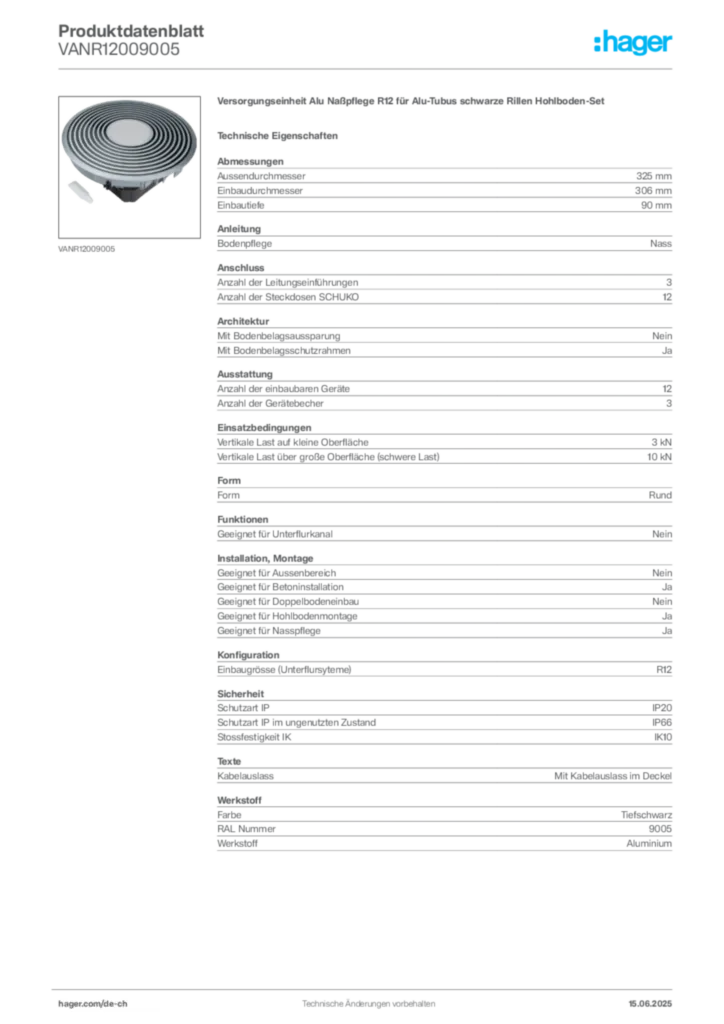 Bild Hager Produktdatenblatt VANR12009005 | Hager Schweiz