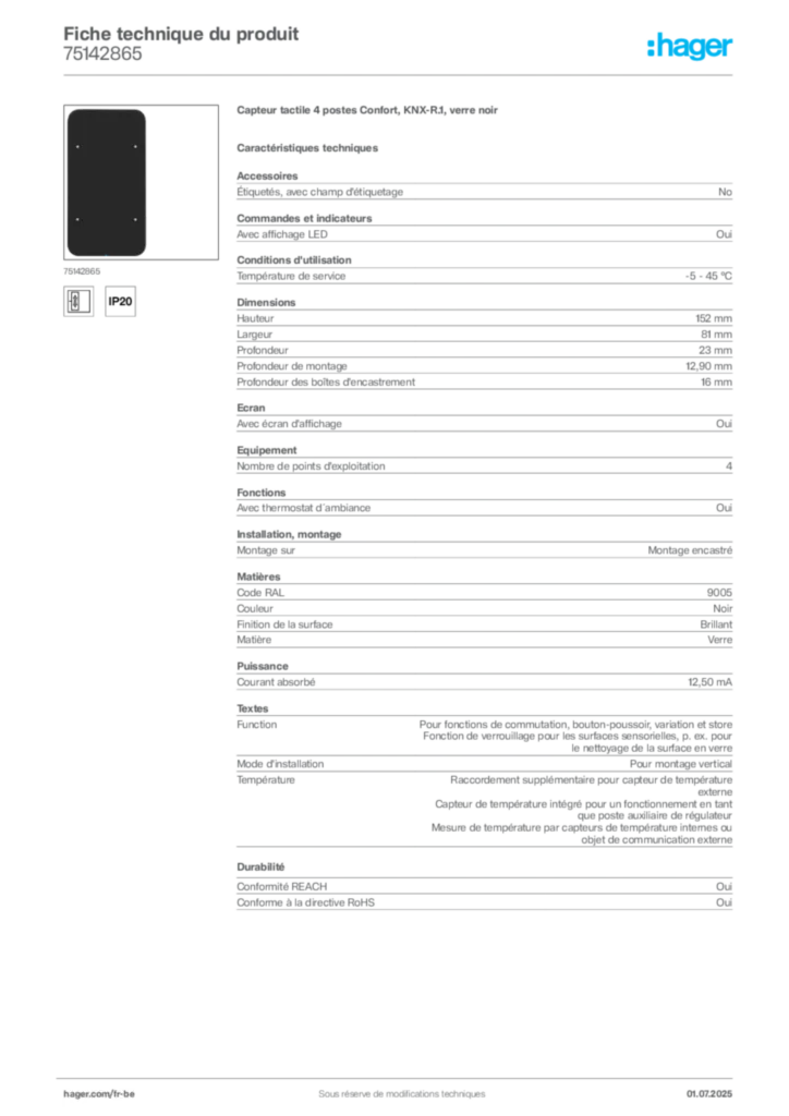 Image Hager Fiche technique du produit 75142865 | Hager Belgique