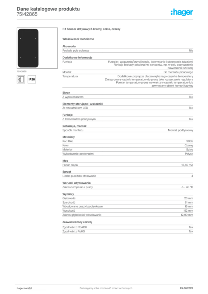 Zdjęcie Hager Karta katalogowa 75142865 | Hager Polska