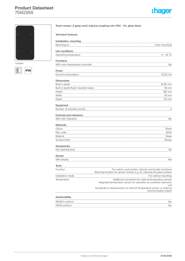 Image Hager Product data sheet 75142865  | Hager