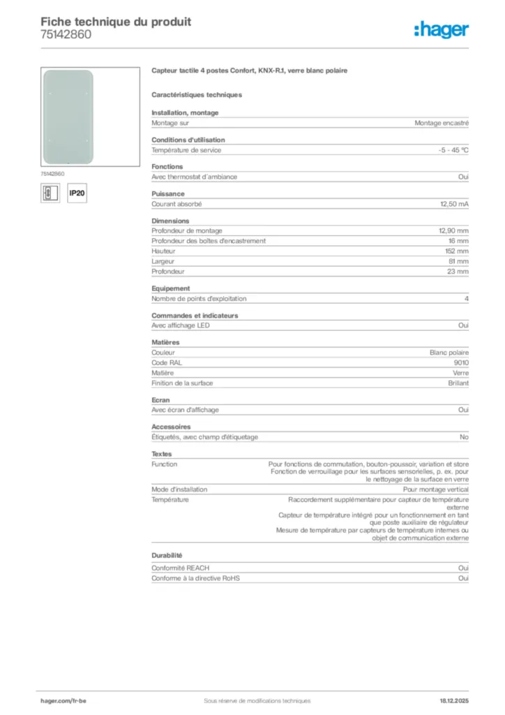 Image Hager Fiche technique du produit 75142860 | Hager Belgique