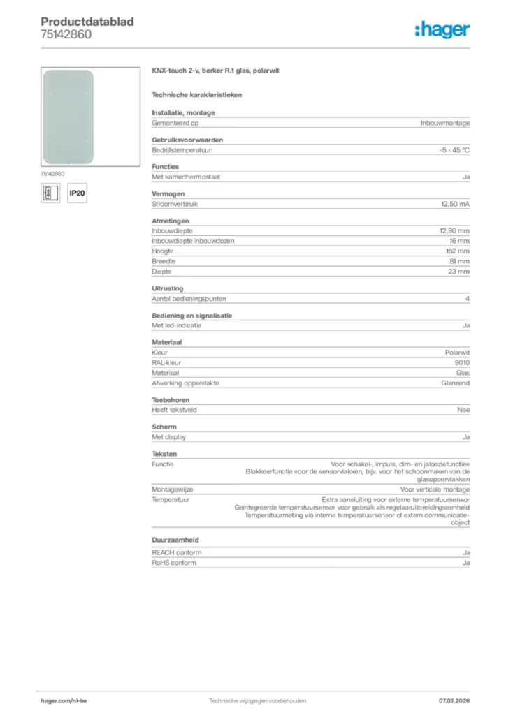Afbeelding Hager Productdatablad 75142860 | Hager Belgium