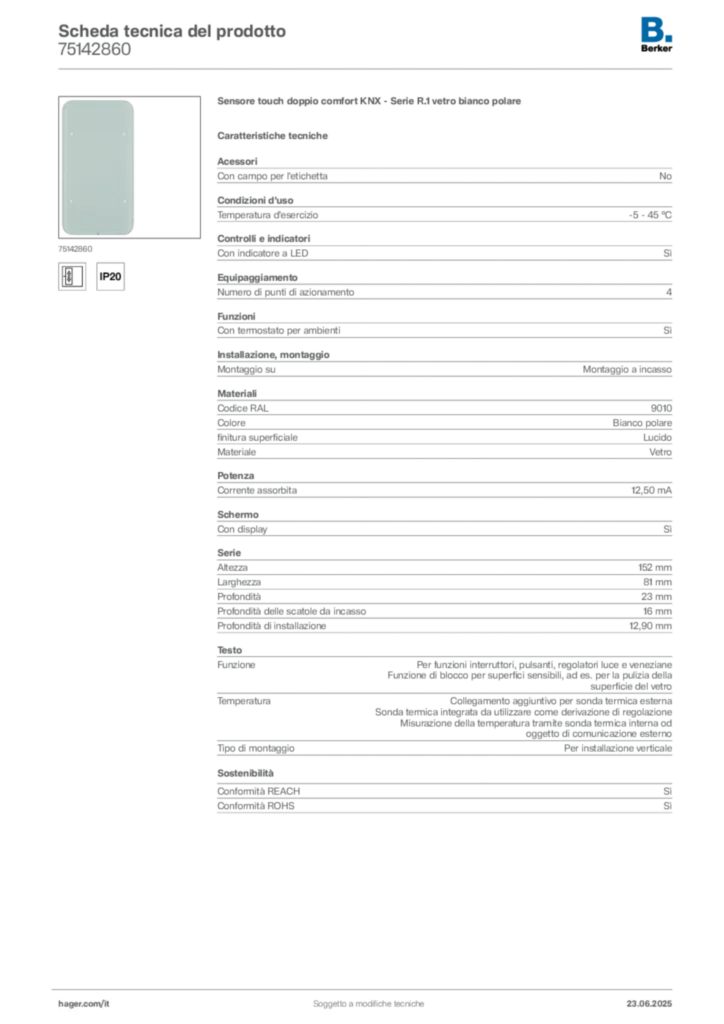 Immagine Berker Scheda tecnica del prodotto 75142860 | Hager Italia