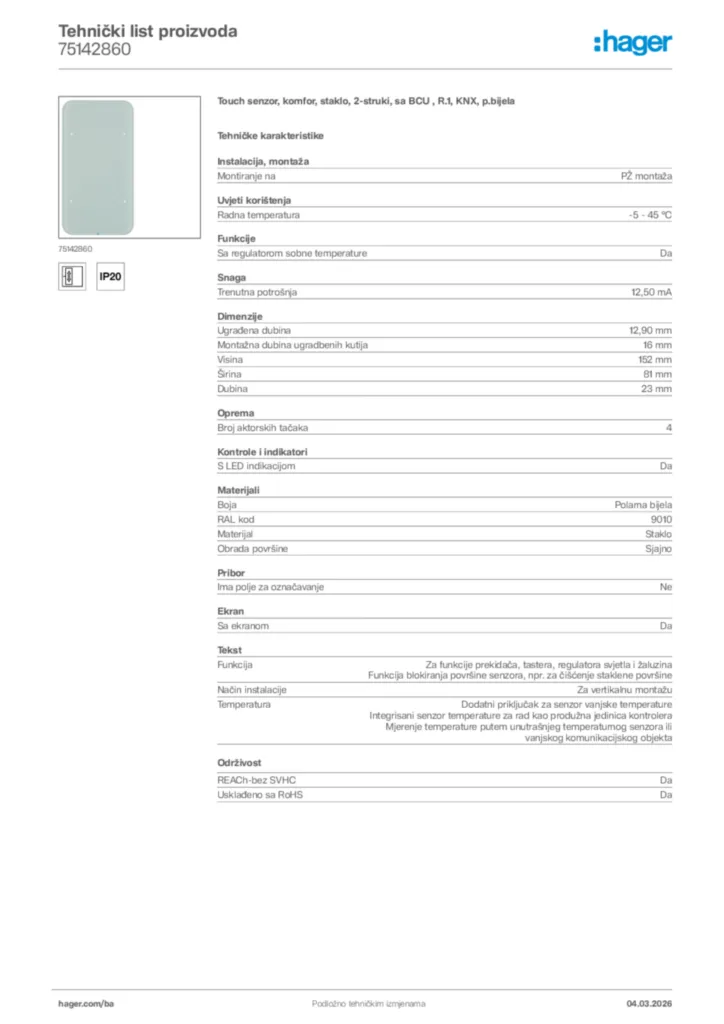 Slika Hager Tehnički list proizvoda 75142860  | Hager