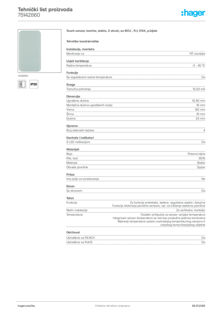 Slika Hager Product data sheet 75142860  | Hager