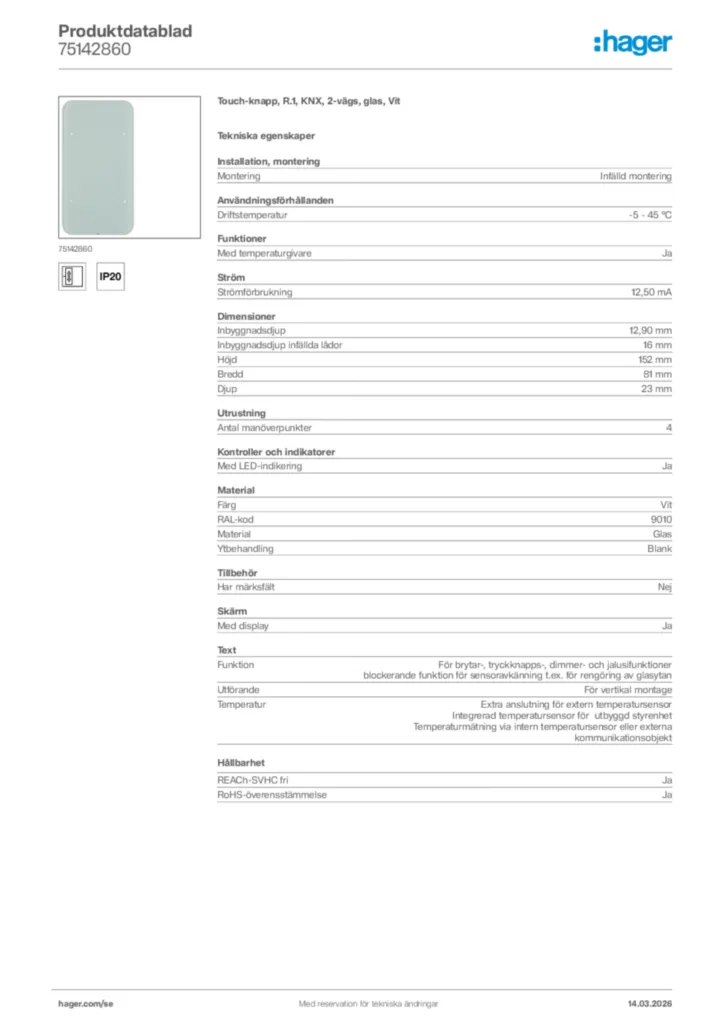 Bild Hager Produktdatablad 75142860 | Hager Sverige